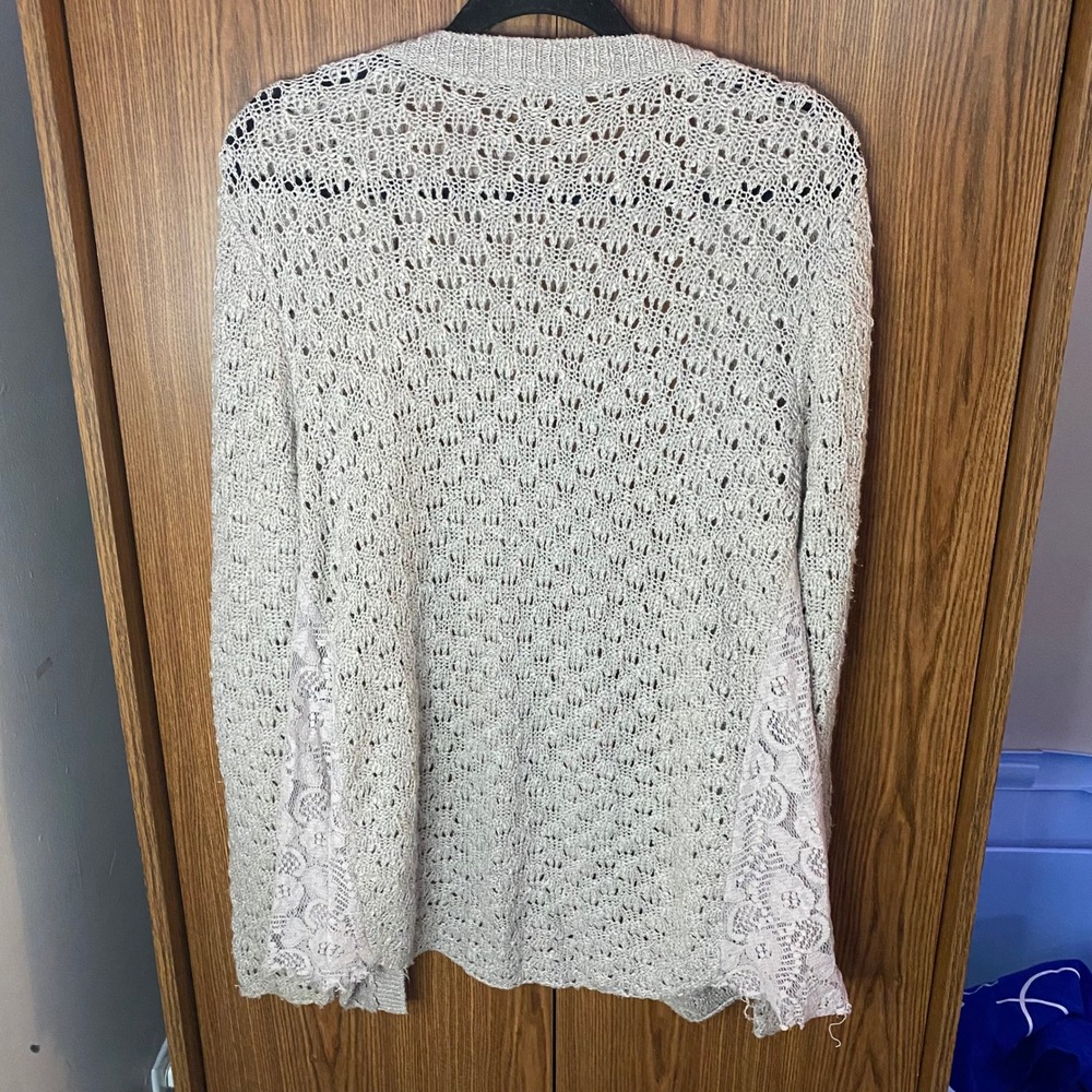Maurices Cardigan Women Medium Beige Pointelle Knit Lace Side Panels Open Front - Picture 2 of 5